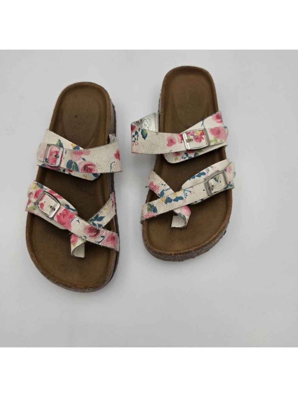 Girls’ Madden Floral Printed Sandals White/Pink Adjustable Cork Sole Size 13